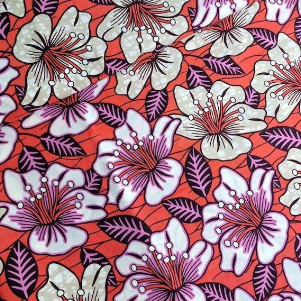 Afrikanischer Wax Print Stoff Baumwolle ORANGE RETRO FLOWERS